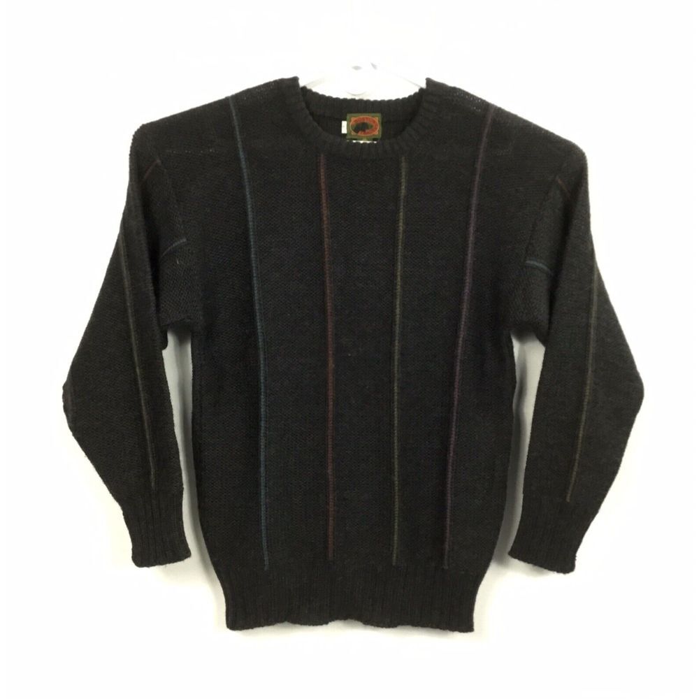 Boston Traders Sweater Mens Size L Heavy 100% Wool Black‎ Blue Stripes Pullover
